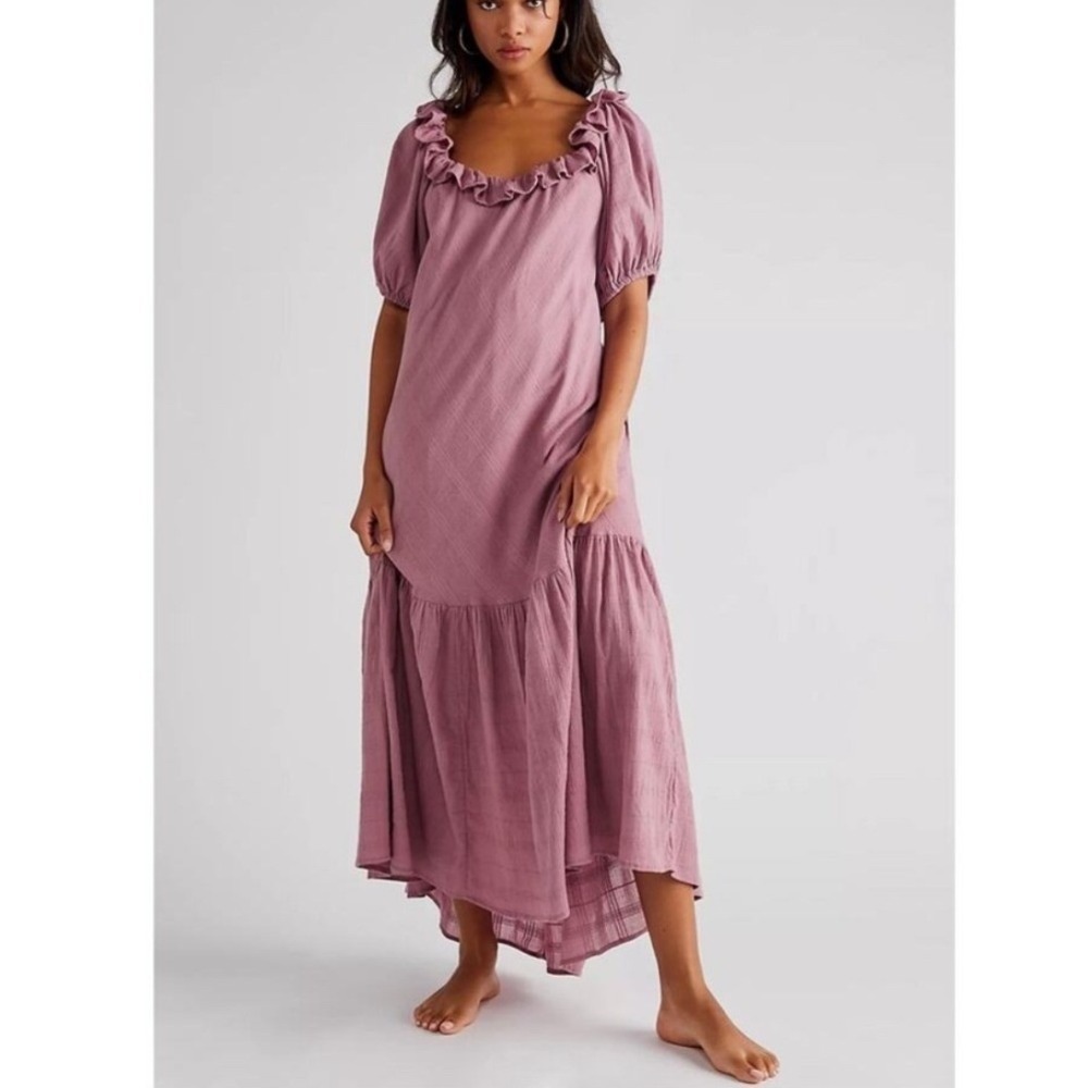 Free People Kaylyn Midi Dress Womens XS Mauve Pink Puff Sleeve‎ Boho